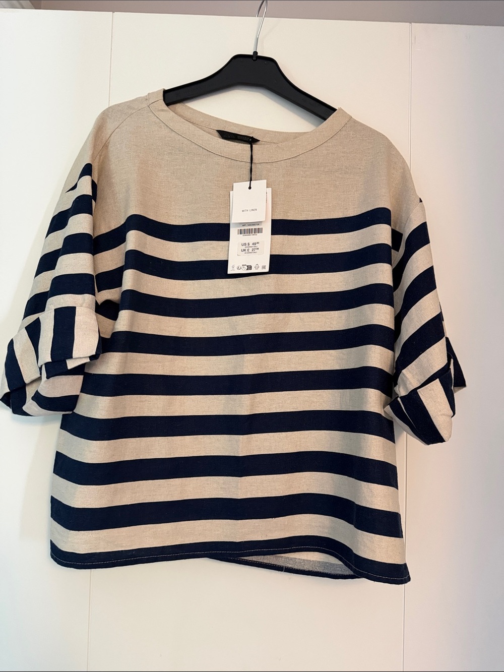 Zara linen Striped Short-Sleeve Boatneck Top in Navy and Beige